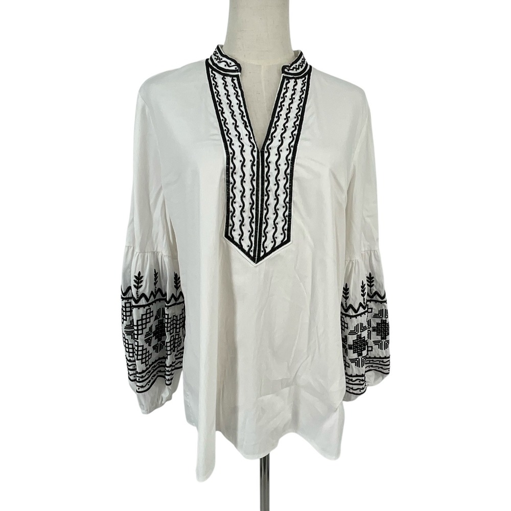 Chicos White Embroidered Tunic Top Bell Sleeve VNeck Beaded Sz 2 12 Boho Lantern